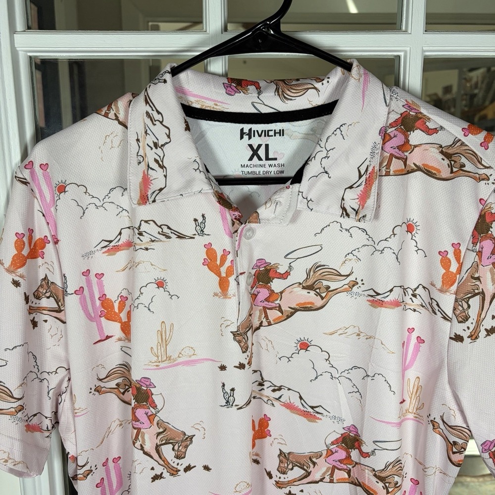 Hivichi Men's XL Western Cowgirl Print Polo Golf Shirt Pink - Picture 3 of 11